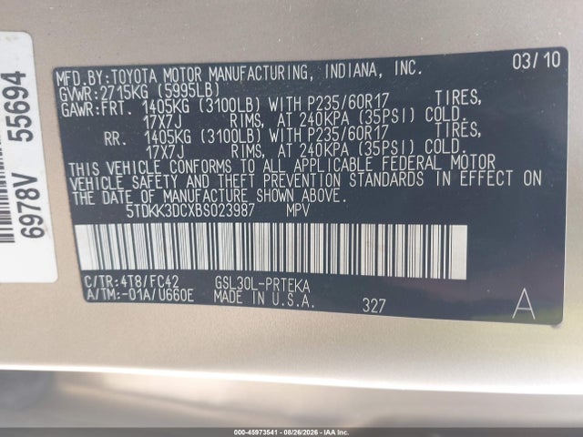 Aukcja sprzedaży 2011 Toyota Sienna Le V6, vin: 5TDKK3DCXBS023987, numer aukcji: 45973541