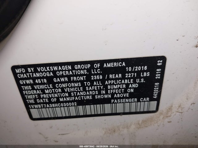 Aukcja sprzedaży 2017 Volkswagen Passat 1.8t Se, vin: 1VWBT7A38HC030002, numer aukcji: 45973542