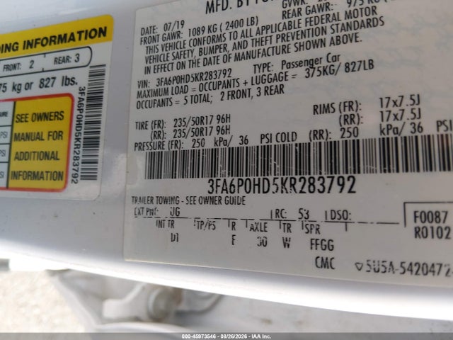 45973546 :رقم المزاد ، 3FA6P0HD5KR283792 vin ، 2019 Ford Fusion Se مزاد بيع
