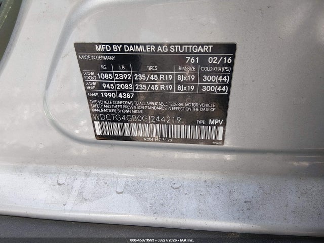 Aukcja sprzedaży 2016 Mercedes-benz Gla 250 4matic, vin: WDCTG4GB0GJ244219, numer aukcji: 45973553