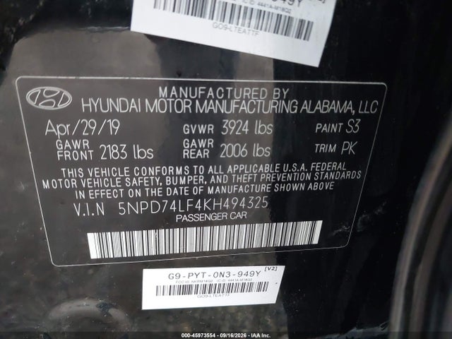 Aukcja sprzedaży 2019 Hyundai Elantra Se, vin: 5NPD74LF4KH494325, numer aukcji: 45973554