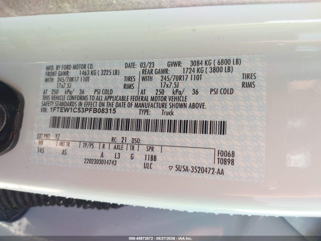45973572 :رقم المزاد ، 1FTEW1C53PFB08315 vin ، 2023 Ford F-150 Xl مزاد بيع