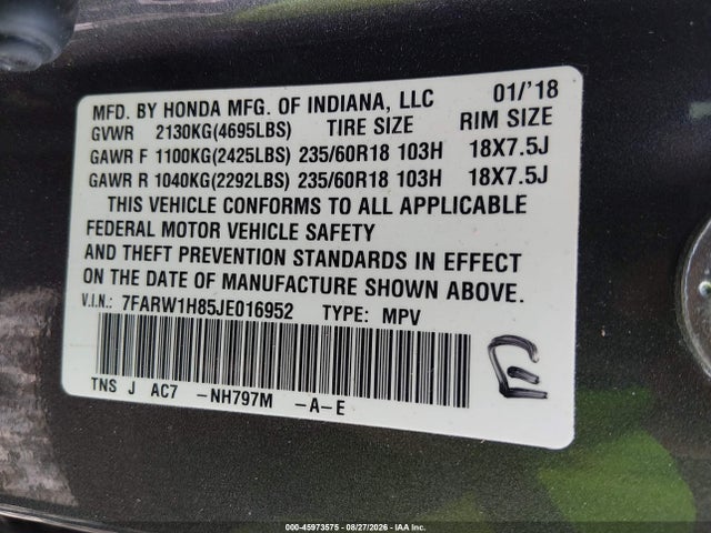 45973575 :رقم المزاد ، 7FARW1H85JE016952 vin ، 2018 Honda Cr-v Ex-l/ex-l Navi مزاد بيع