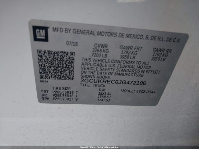 2018 Chevrolet Silverado 1500 2lt მანქანა იყიდება აუქციონზე, vin: 3GCUKREC6JG472106, აუქციონის ნომერი: 45973582