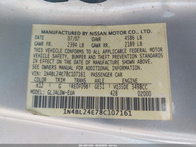 Продаж на аукціоні авто 2008 Nissan Altima 3.5 Se, vin: 1N4BL24E78C107161, номер лоту: 45973585