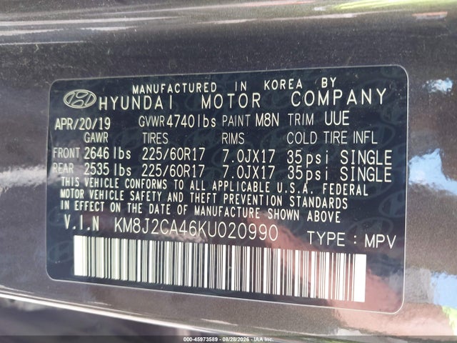45973589 :رقم المزاد ، KM8J2CA46KU020990 vin ، 2019 Hyundai Tucson Se مزاد بيع