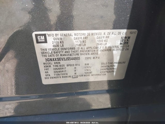 Продажа на аукционе авто 2018 Chevrolet Equinox Lt, vin: 3GNAXSEV3JS544865, номер лота: 45973612