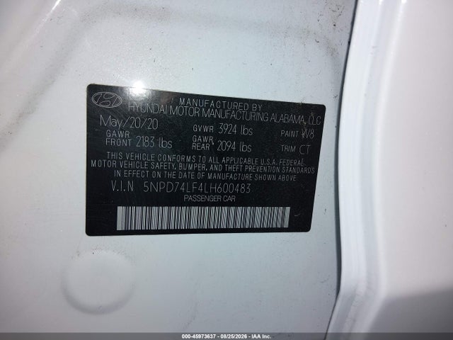 45973637 :رقم المزاد ، 5NPD74LF4LH600483 vin ، 2020 Hyundai Elantra Se مزاد بيع