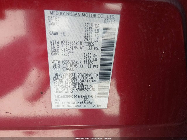 2014 Nissan Pathfinder Sl მანქანა იყიდება აუქციონზე, vin: 5N1AR2MM0EC606564, აუქციონის ნომერი: 45973642