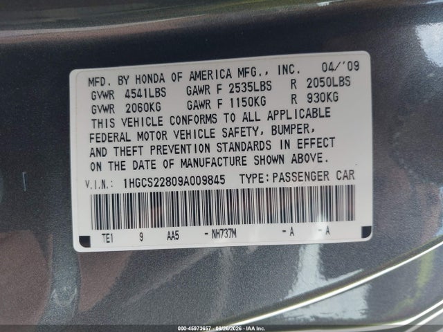 Продажа на аукционе авто 2009 Honda Accord 3.5 Ex-l, vin: 1HGCS22809A009845, номер лота: 45973657
