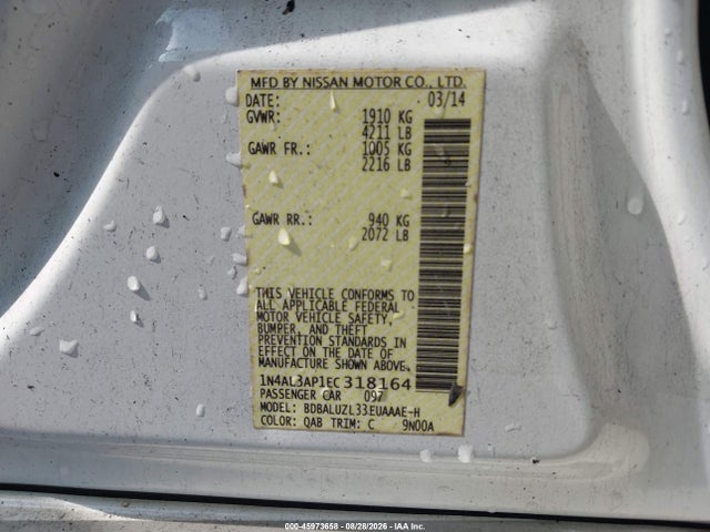 45973658 :رقم المزاد ، 1N4AL3AP1EC318164 vin ، 2014 Nissan Altima 2.5 Sv مزاد بيع