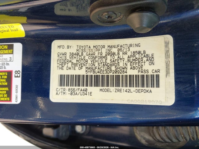 Aukcja sprzedaży 2013 Toyota Corolla L, vin: 5YFBU4EE3DP209284, numer aukcji: 45973665