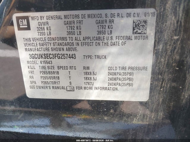 Продажа на аукционе авто 2015 Chevrolet Silverado 1500 1lz, vin: 3GCUKSEC3FG257443, номер лота: 45973672
