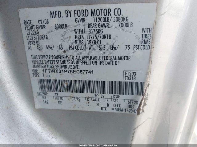 45973686 :رقم المزاد ، 1FTWX31P76EC87741 vin ، 2006 Ford F-350 Lariat/xl/xlt مزاد بيع
