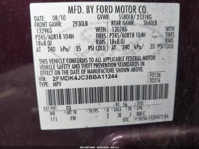 45973689 :رقم المزاد ، 2FMDK4JC3BBA11244 vin ، 2011 Ford Edge Sel مزاد بيع