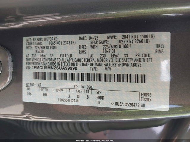 Продаж на аукціоні авто 2025 Ford Escape St-line, vin: 1FMCU9MN2SUA99990, номер лоту: 45973692