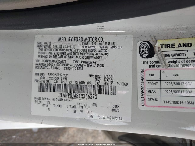 45973699 :رقم المزاد ، 3FAHP0JA8CR356373 vin ، 2012 Ford Fusion Sel مزاد بيع