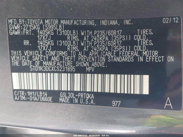Aukcja sprzedaży 2012 Toyota Sienna Xle V6 8 Passenger, vin: 5TDYK3DCXCS231895, numer aukcji: 45973723
