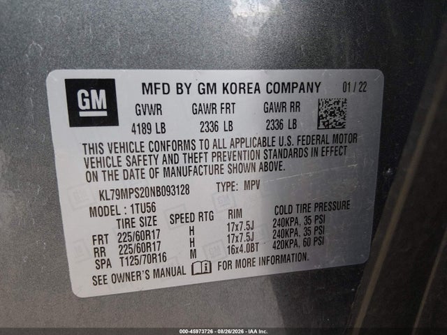 Продаж на аукціоні авто 2022 Chevrolet Trailblazer Fwd Lt, vin: KL79MPS20NB093128, номер лоту: 45973726