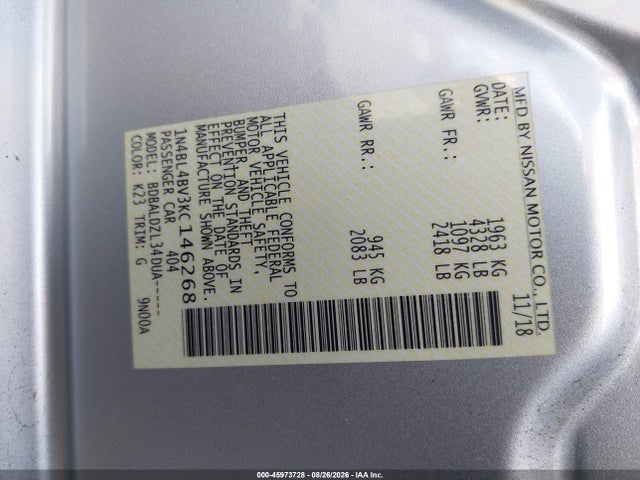2019 Nissan Altima 2.5 S მანქანა იყიდება აუქციონზე, vin: 1N4BL4BV3KC146268, აუქციონის ნომერი: 45973728