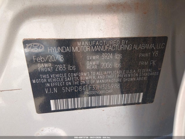 Aukcja sprzedaży 2018 Hyundai Elantra Sel, vin: 5NPD84LF3JH325988, numer aukcji: 45973736
