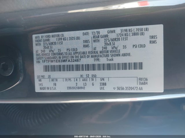 Продажа на аукционе авто 2021 Ford F-150 Xlt, vin: 1FTFW1E83MFA32487, номер лота: 45973749