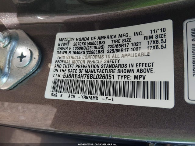 45973752 :رقم المزاد ، 5J6RE4H76BL026051 vin ، 2011 Honda Cr-v Ex-l مزاد بيع