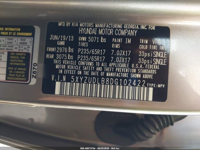 2013 Hyundai Santa Fe Sport მანქანა იყიდება აუქციონზე, vin: 5XYZUDLB8DG102422, აუქციონის ნომერი: 45973754