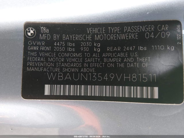 Продажа на аукционе авто 2009 Bmw 128i, vin: WBAUN13549VH81511, номер лота: 45973755