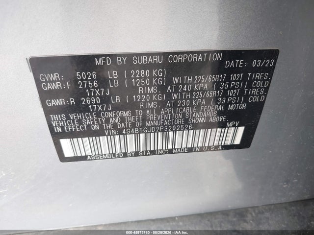 Aukcja sprzedaży 2023 Subaru Outback Wilderness, vin: 4S4BTGUD2P3202526, numer aukcji: 45973760