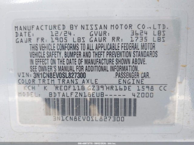 Продаж на аукціоні авто 2025 Nissan Versa 1.6 Sv, vin: 3N1CN8EV0SL827300, номер лоту: 45973775