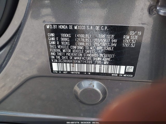 45973776 :رقم المزاد ، 3CZRU6H76KM714399 vin ، 2019 Honda Hr-v Ex-l مزاد بيع