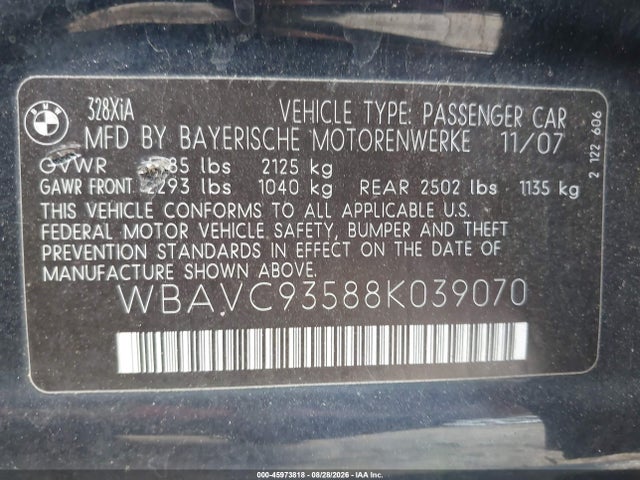 Aukcja sprzedaży 2008 Bmw 328xi, vin: WBAVC93588K039070, numer aukcji: 45973818