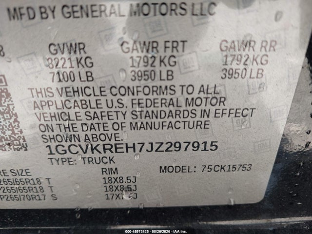 Aukcja sprzedaży 2018 Chevrolet Silverado 1500 1lt, vin: 1GCVKREH7JZ297915, numer aukcji: 45973825