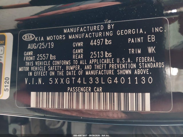 Aukcja sprzedaży 2020 Kia Optima Lx, vin: 5XXGT4L33LG401130, numer aukcji: 45973837