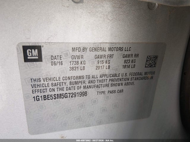 Aukcja sprzedaży 2016 Chevrolet Cruze Lt Auto, vin: 1G1BE5SM5G7291998, numer aukcji: 45973862