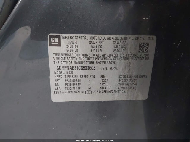 45973872 :رقم المزاد ، 3GYFNAE31CS533602 vin ، 2012 Cadillac Srx Luxury Collection مزاد بيع