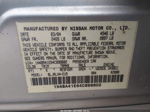 Auction sale of the 2004 Nissan Maxima 3.5 Sl, vin: 1N4BA41E64C898802, lot number: 45973880