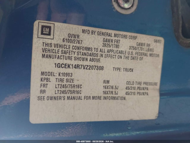 1997 Chevrolet K1500 Fleetside მანქანა იყიდება აუქციონზე, vin: 1GCEK14R7VZ207308, აუქციონის ნომერი: 45973885