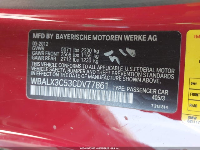 Продаж на аукціоні авто 2012 Bmw 650i, vin: WBALX3C53CDV77861, номер лоту: 45973915