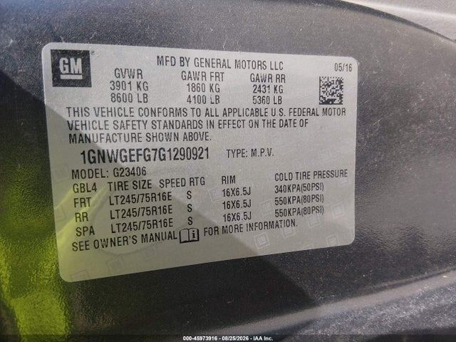 Продажа на аукционе авто 2016 Chevrolet Express 2500 Ls, vin: 1GNWGEFG7G1290921, номер лота: 45973916