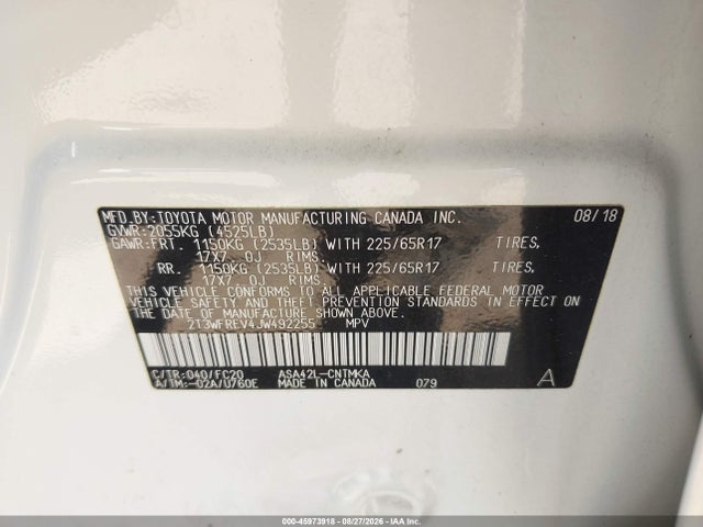 45973918 :رقم المزاد ، 2T3WFREV4JW492255 vin ، 2018 Toyota Rav4 Xle مزاد بيع
