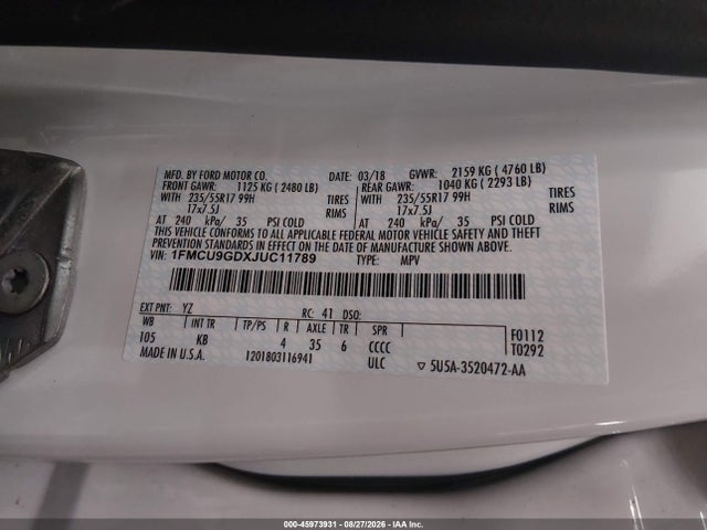 Продаж на аукціоні авто 2018 Ford Escape Se, vin: 1FMCU9GDXJUC11789, номер лоту: 45973931
