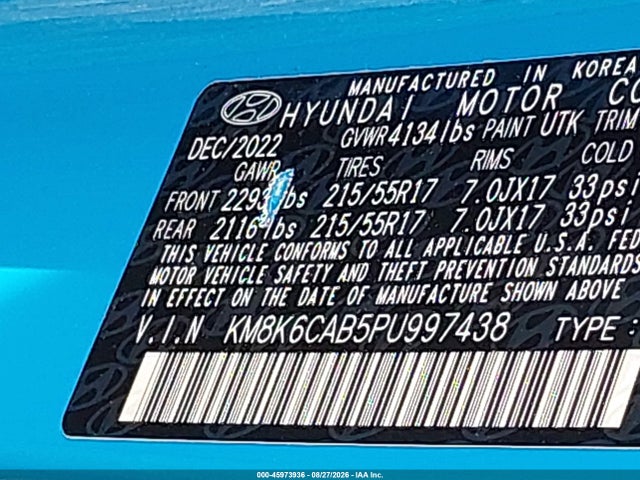 45973936 :رقم المزاد ، KM8K6CAB5PU997438 vin ، 2023 Hyundai Kona Sel مزاد بيع