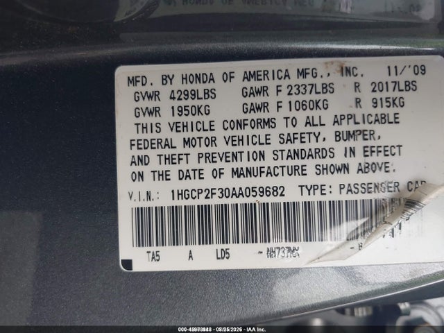 Aukcja sprzedaży 2010 Honda Accord 2.4 Lx, vin: 1HGCP2F30AA059682, numer aukcji: 45973948