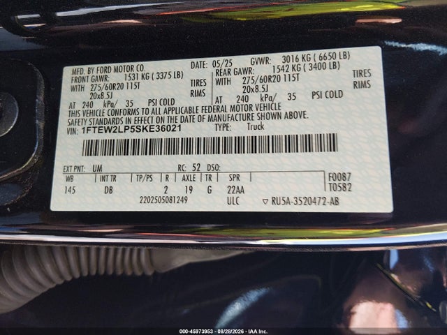 Aukcja sprzedaży 2025 Ford F-150 Stx, vin: 1FTEW2LP5SKE36021, numer aukcji: 45973953