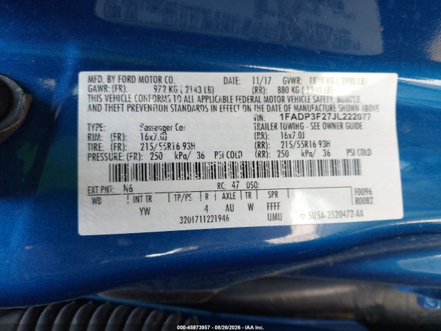 45973957 :رقم المزاد ، 1FADP3F27JL222077 vin ، 2018 Ford Focus Se مزاد بيع