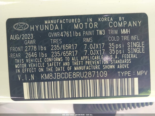 Продаж на аукціоні авто 2024 Hyundai Tucson Sel, vin: KM8JBCDE8RU287109, номер лоту: 45973958
