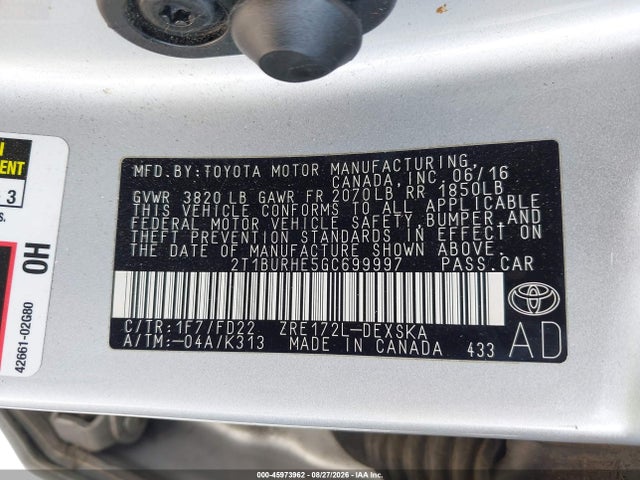 45973962 :رقم المزاد ، 2T1BURHE5GC699997 vin ، 2016 Toyota Corolla S Plus مزاد بيع