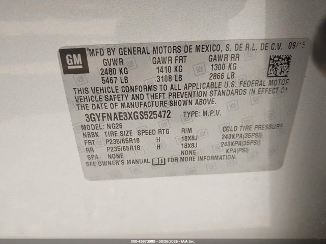 45973988 :رقم المزاد ، 3GYFNAE3XGS525472 vin ، 2016 Cadillac Srx Standard مزاد بيع